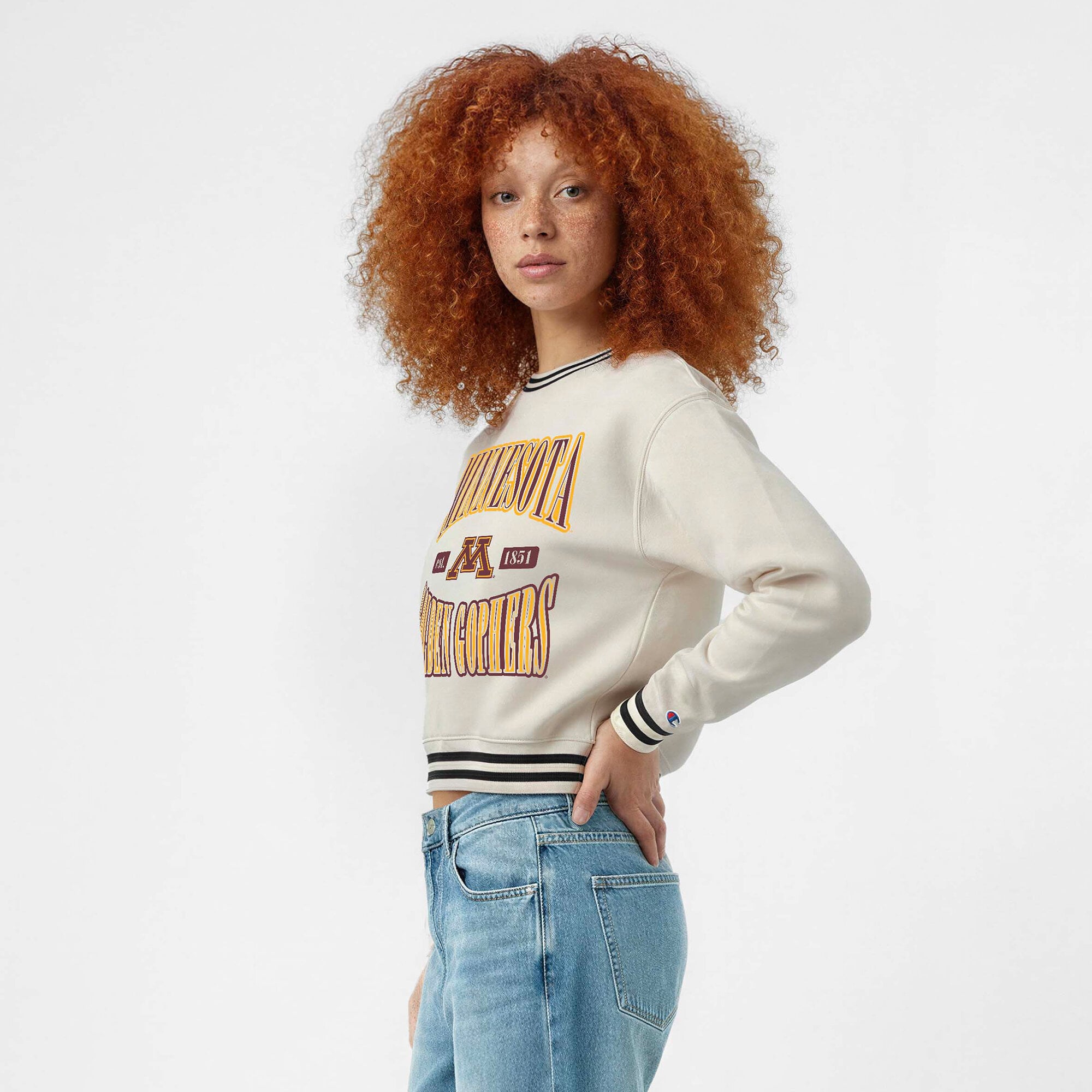 Women's Champion White Minnesota Golden Gophers Yarn Dye Rib Reverse Weave Crew Sweatshirt